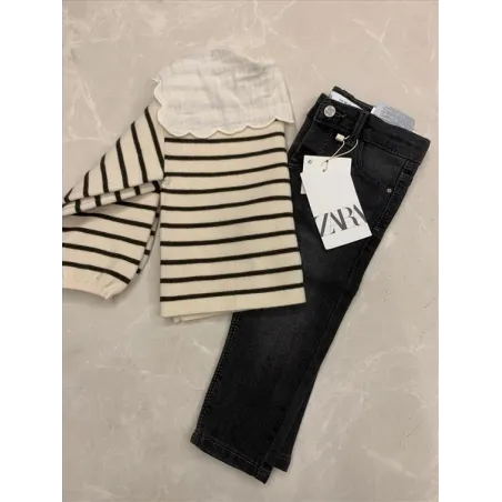 Completo Zara Jeans e Maglioncino a Righe Con Colletto 12/18 M