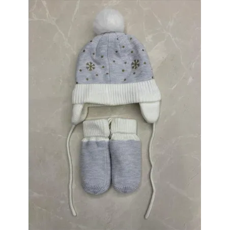 Cappellino Con Fiocchi Di Neve e Pon Pon Con Guanti Obaibi 9/12 M