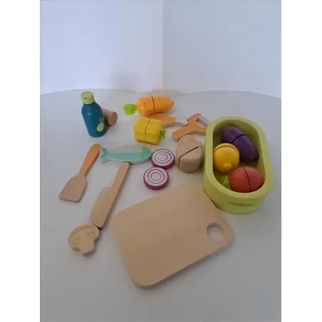 Set In Legno Cucina Con Cibo Da Tagliare, Utensili e Tagliere Sevi