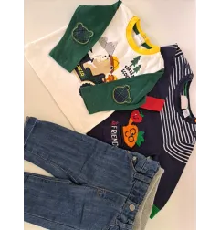 Completo Jeans Obaibi + Maglia Maniche Lunghe Bianca Verde + Maglioncino Blu Chicco 3 M