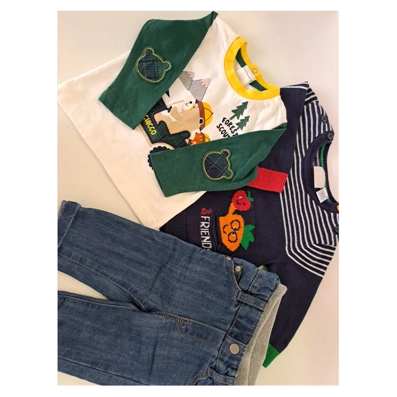 Completo Jeans Obaibi + Maglia Maniche Lunghe Bianca Verde + Maglioncino Blu Chicco 3 M