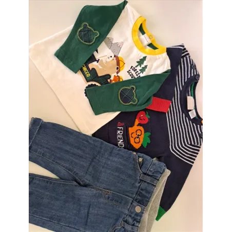 Completo Jeans Obaibi + Maglia Maniche Lunghe Bianca Verde + Maglioncino Blu Chicco 3 M