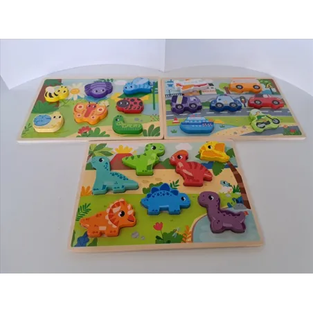 Incastri In Legno Dinosauri, Farfalle, Mezzi Di Trasporto 3 PZ