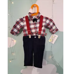 Completo Chicco Pantaloni Blu Con Camicia Quadretti Con Farfallino E Bretelle 56 Cm - 3 M