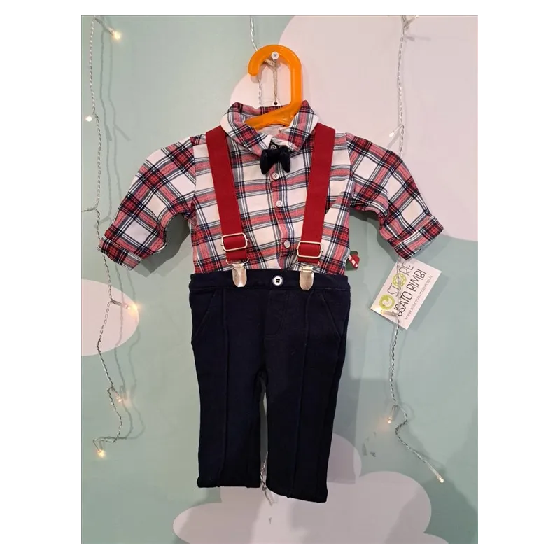 Completo Chicco Pantaloni Blu Con Camicia Quadretti Con Farfallino E Bretelle 56 Cm - 3 M