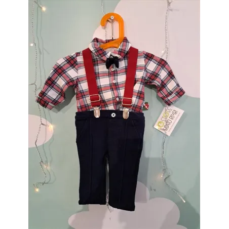 Completo Chicco Pantaloni Blu Con Camicia Quadretti Con Farfallino E Bretelle 56 Cm - 3 M