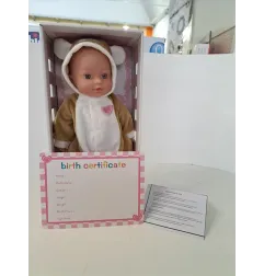 Bambola Tutina Orsetto Con Certificato Di Nascita e Biberon
