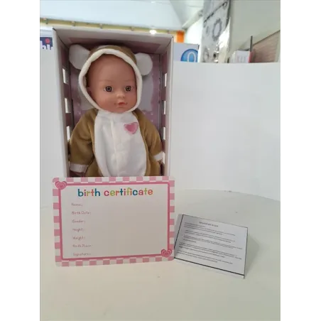 Bambola Tutina Orsetto Con Certificato Di Nascita e Biberon