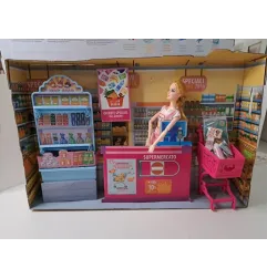 Gioco Supermercato Bambola Tipo Barbie  Con Carrello Scaffale Prodotti E Banconote