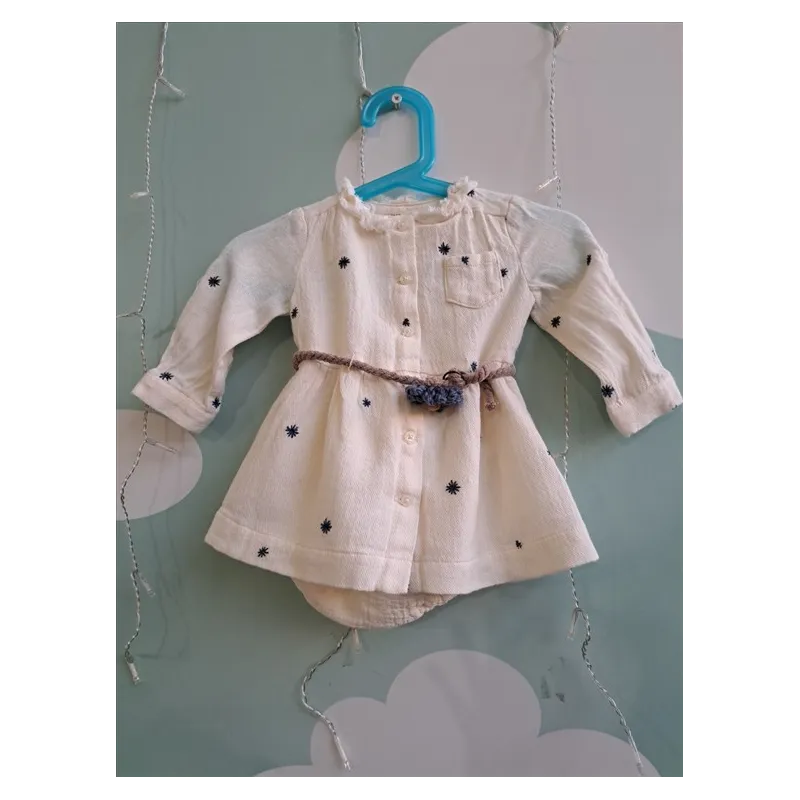 Vestito Color Panna Fiorellini Blu Con Culotte 3/6 M