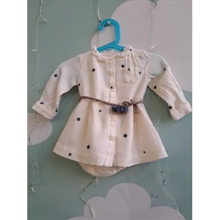 Vestito Color Panna Fiorellini Blu Con Culotte 3/6 M