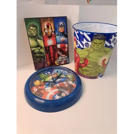 Kit Cameretta Super Eroi:Orologio Da Muro, Quadretto,Cestino-Manca Sportello Pile Orologio