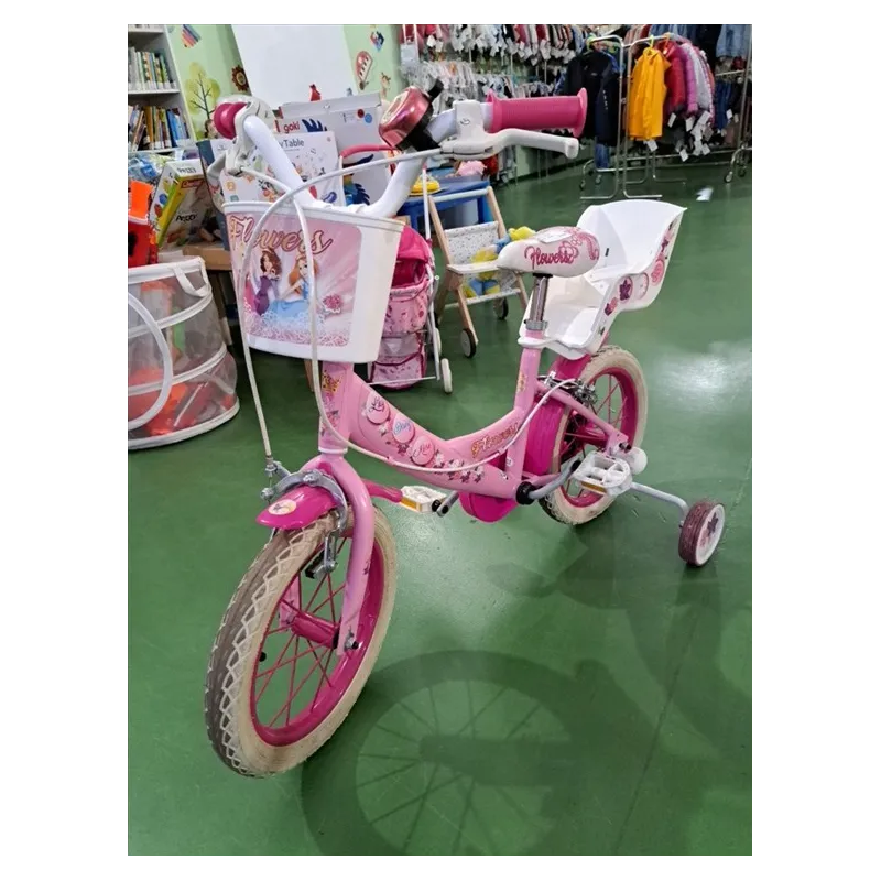 Bicicletta Rosa Principesse Flowers Con Cestino, Portabambole e Rotelle 14"