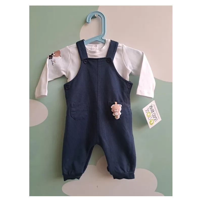 Salopette Blu Con Maglia Maniche Lunghe Bianca 3/6 M