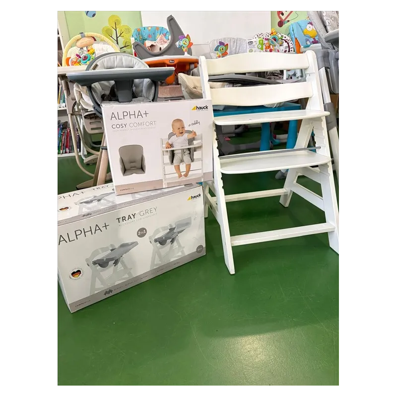 Seggiolone Pappa in Legno Alpha+ hauck Con Vassoio Tray Bianco e Cuscino Per Seduta