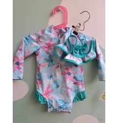 Costume Intero / Piccola Muta Fiori Azzurro Con Cappello 6/9 M
