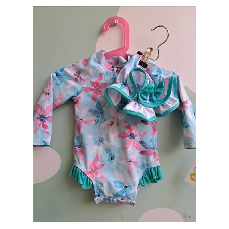 Costume Intero / Piccola Muta Fiori Azzurro Con Cappello 6/9 M