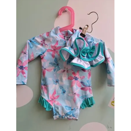 Costume Intero / Piccola Muta Fiori Azzurro Con Cappello 6/9 M