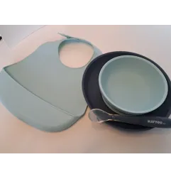 Set Pappa In Silicone Azzurro e Blu Piatto piano, Ciotola, Bavaglia e Cucchiaino In Regalo