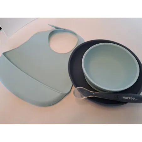 Set Pappa In Silicone Azzurro e Blu Piatto piano, Ciotola, Bavaglia e Cucchiaino In Regalo