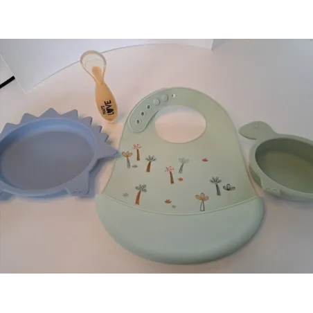Set Pappa In Silicone Azzurro e Verde Piattino, Ciotola, Bavaglia e Cucchiaino In Regal