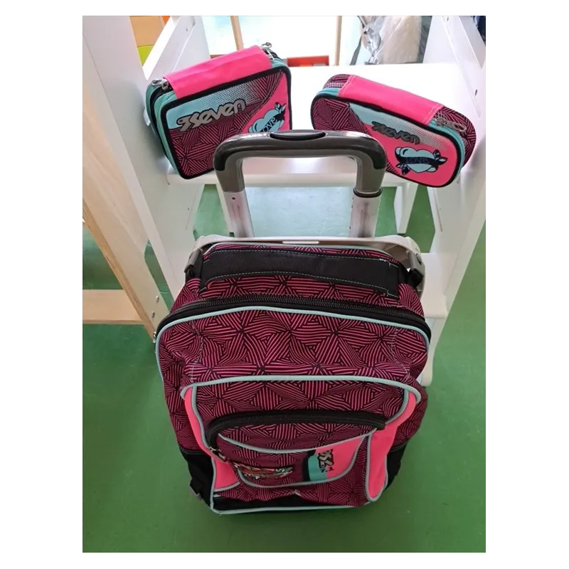 Zaino Trolley Seven Rosa Cuore Rosso Con Astuccio 3 Scomparti E Astuccio Bustina Abbinato