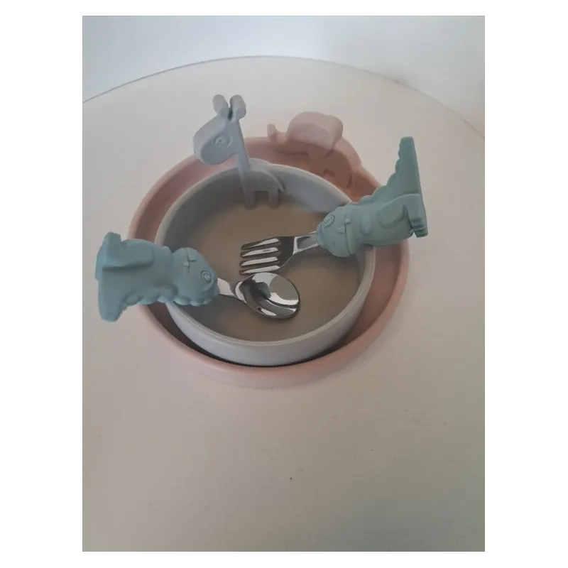 Piattino Roda Elefantino e Piattino Giraffa Rosa Con 2 Posate