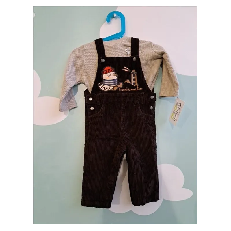 Salopette Velluttino Marrone Con Maglia Maniche Lunghe Beige 12 M