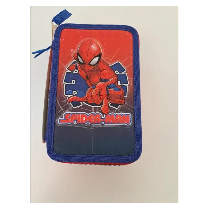 Astuccio 3 Scomparti Spiderman Con Pennarelli, Matite e Accessori Cancelleria